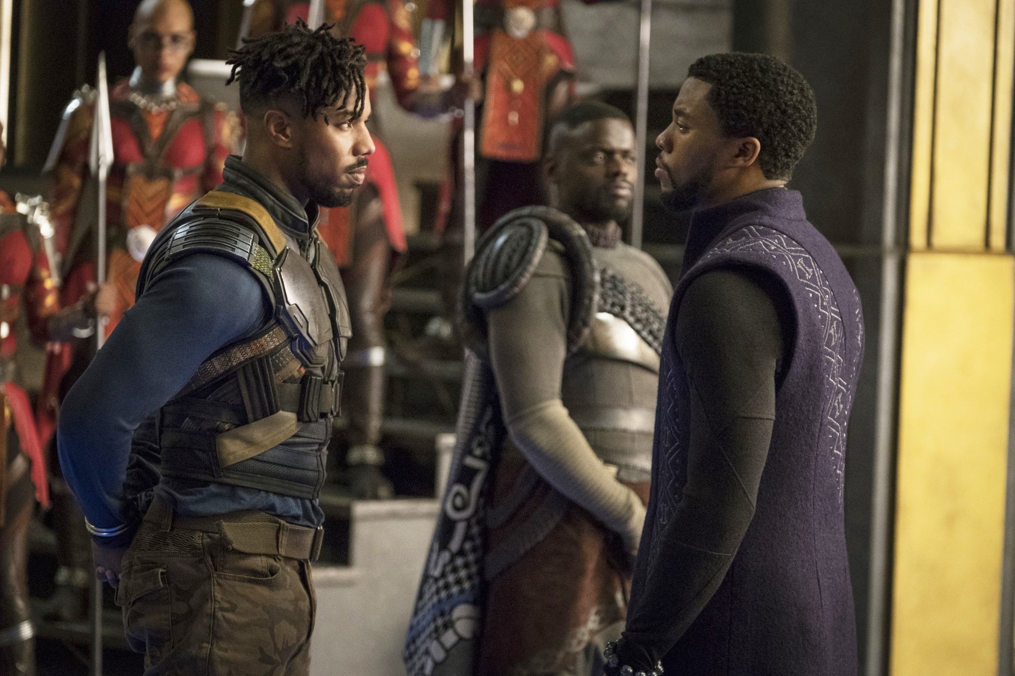 Michael B. Jordan stars as Erik Killmonger and Chadwick Boseman stars as T'Challa/Black Panther in Walt Disney Pictures' Black Panther (2018)