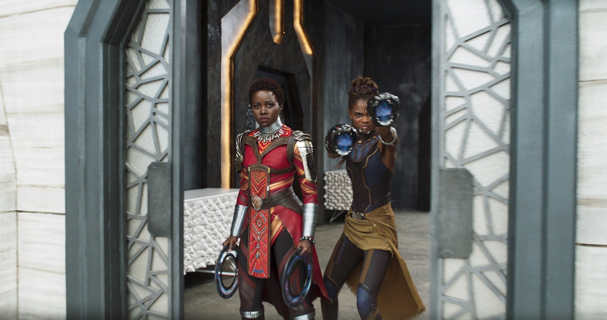 Lupita Nyong'o stars as Nakia and Letitia Wright stars as Shuri in Walt Disney Pictures' Black Panther (2018)