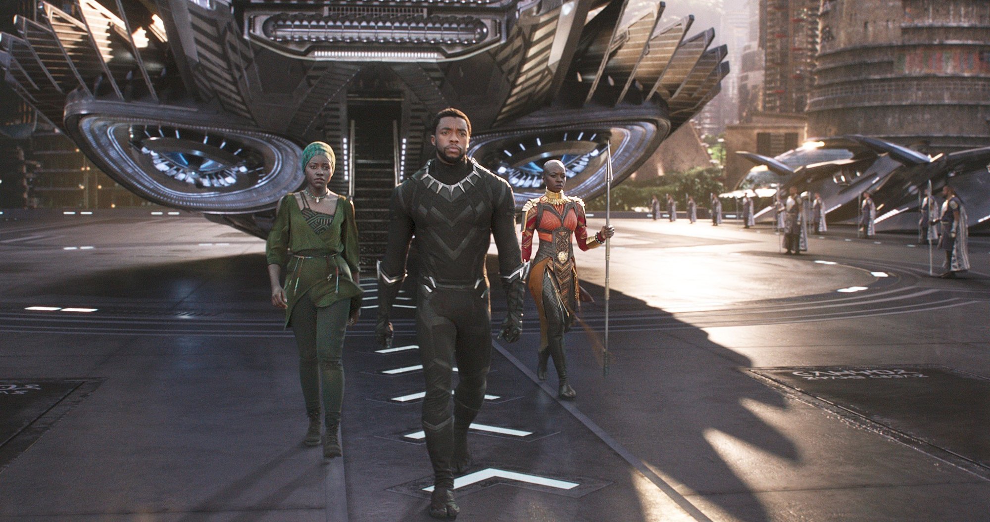 Lupita Nyong'o, Chadwick Boseman and Danai Gurira in Walt Disney Pictures' Black Panther (2018)