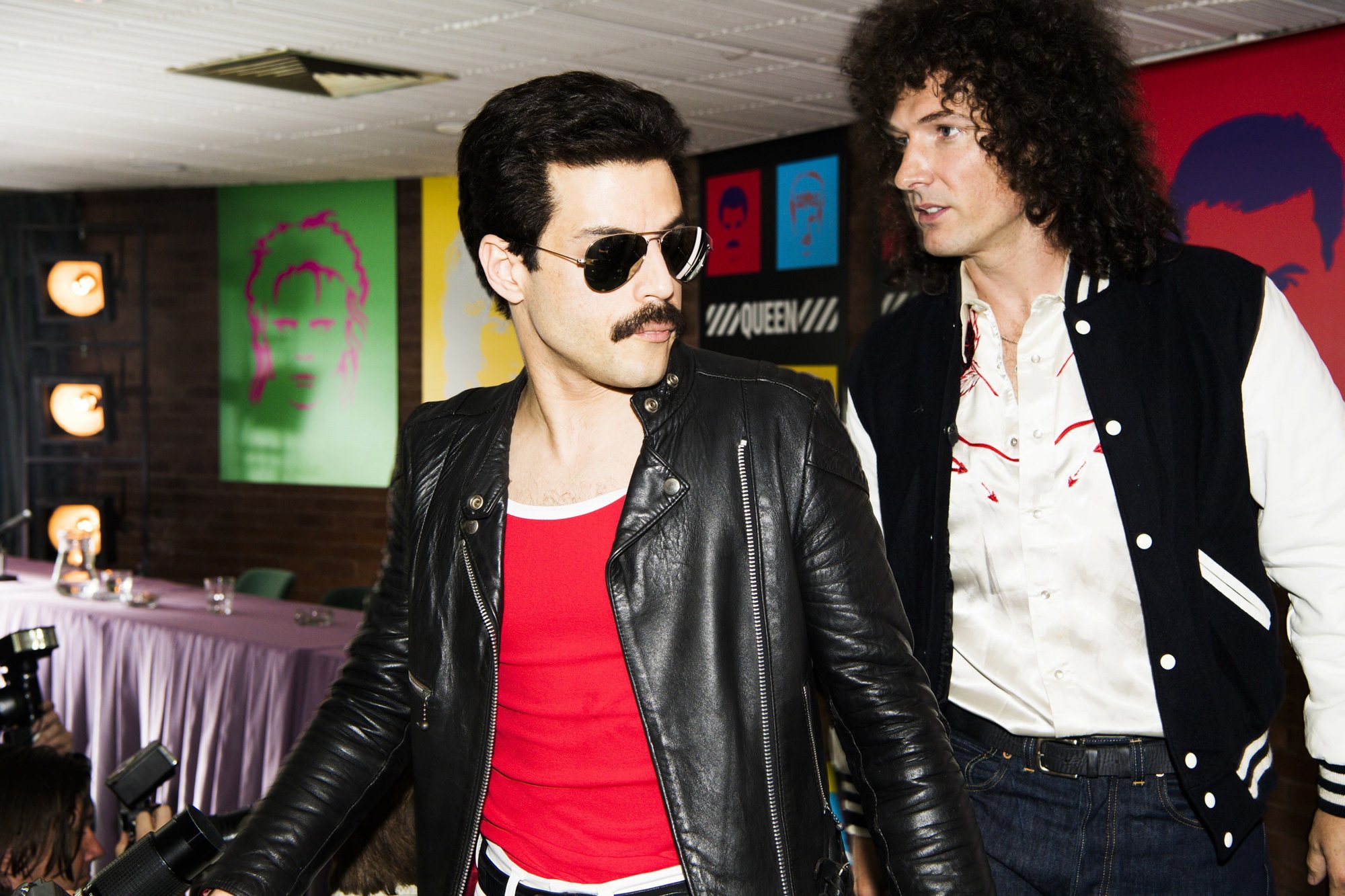 Rami Malek stars as Freddie Mercury and Gwilym Lee stars as Brian May in 20th Century Fox's Bohemian Rhapsody (2018)