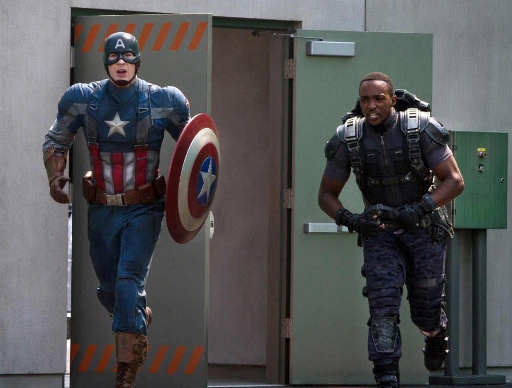 Chris Evans stars as Steve Rogers/Captain America and Anthony Mackie stars as Sam Wilson/The Falcon in Walt Disney Pictures' Captain America: The Winter Soldier (2014)