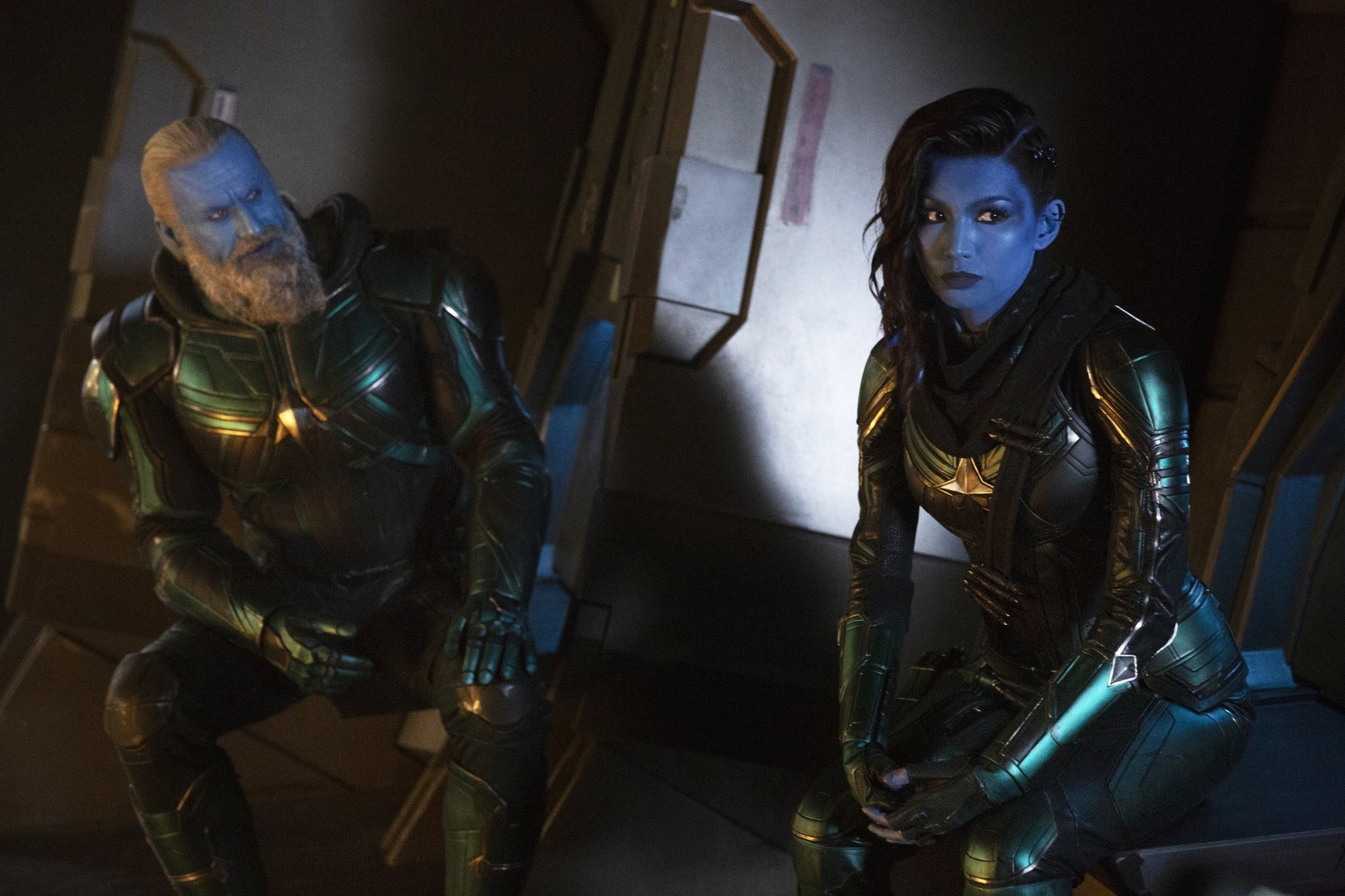 Rune Temte stars as Bron-Char and Gemma Chan stars as Minn-Erva in Marvel Studios' Captain Marvel (2019)