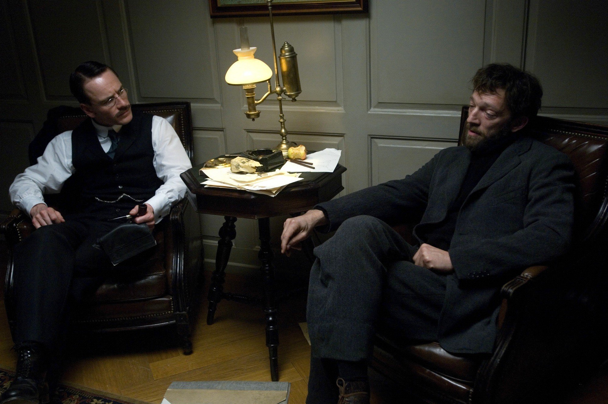 Michael Fassbender stars as Carl Jung and Vincent Cassel stars as Otto Gross in Sony Pictures Classics' A Dangerous Method (2011)