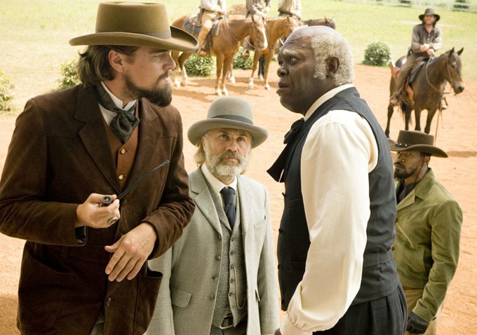 Leonardo DiCaprio, Christoph Waltz, Samuel L. Jackson and Jamie Foxx in The Weinstein Company's Django Unchained (2012)