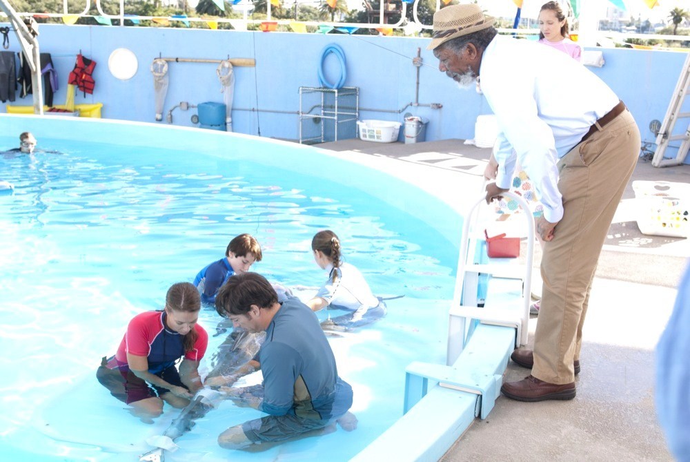 Nathan Gamble, Harry Connick Jr., Cozi Zuehlsdorff and Morgan Freeman in Warner Bros. Pictures' Dolphin Tale (2011)