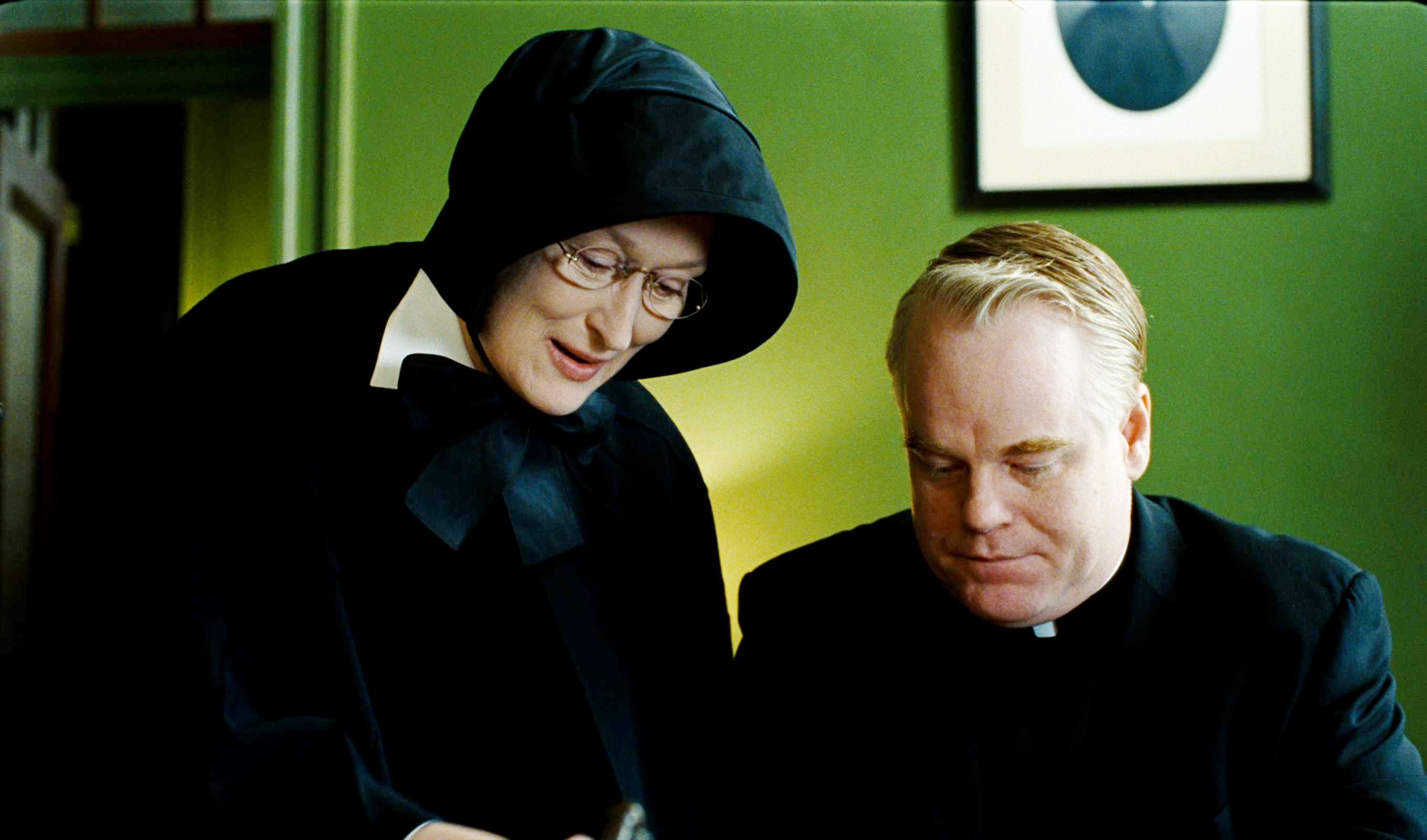 Meryl Streep stars as Sister Aloysius Beauvier and Philip Seymour Hoffman stars as Father Brendan Flynn in Miramax Films' Doubt (2008). Photo credit by Andrew Schwartz.