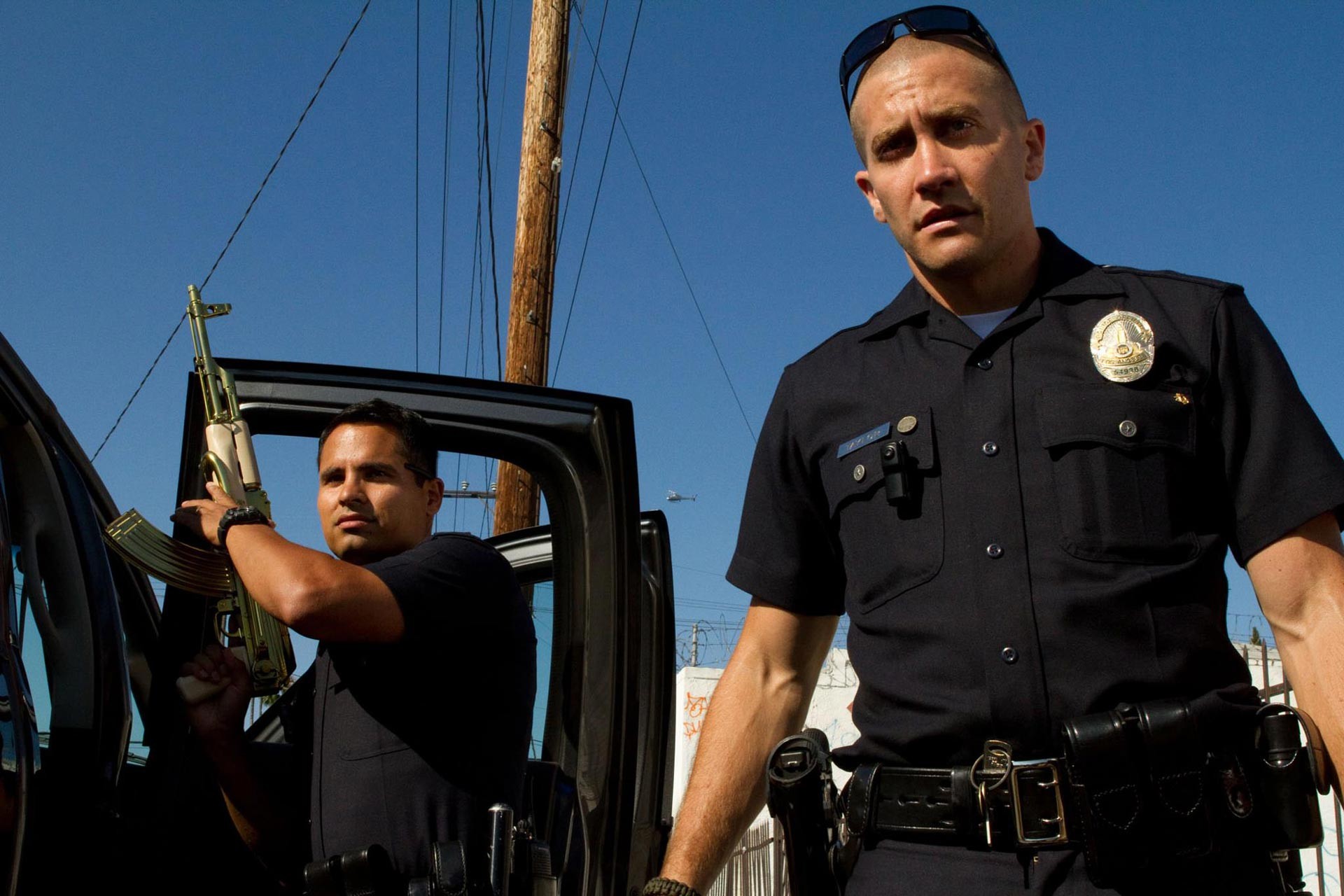 Michael Pena stars as Officer Zavala and Jake Gyllenhaal stars as Officer Taylor in Open Road Films' End of Watch (2012)