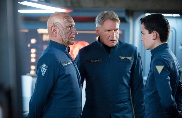 Ben Kingsley, Harrison Ford and Asa Butterfield in Summit Entertainment's Ender's Game (2013). Photo credit by Richard Foreman.