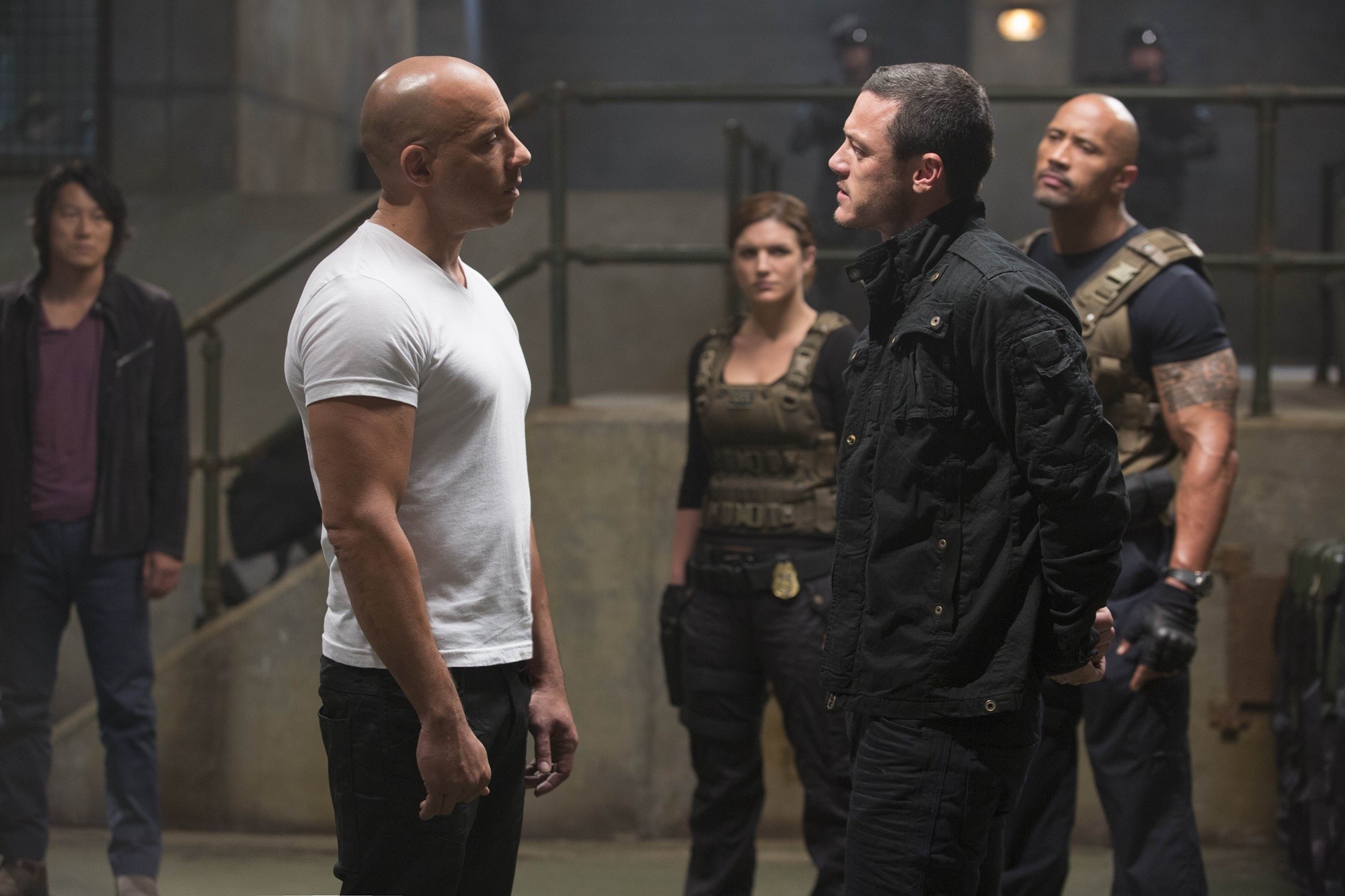 Sung Kang, Vin Diesel, Gina Carano, Luke Evans and The Rock in Universal Pictures' Fast and Furious 6 (2013)
