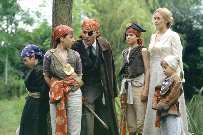 Johnny Depp, Joe Prospero, Nick Roud, Freddie Highmore, Luke Spill and Kate Winslet in Miramax Films' Finding Neverland (2004)
