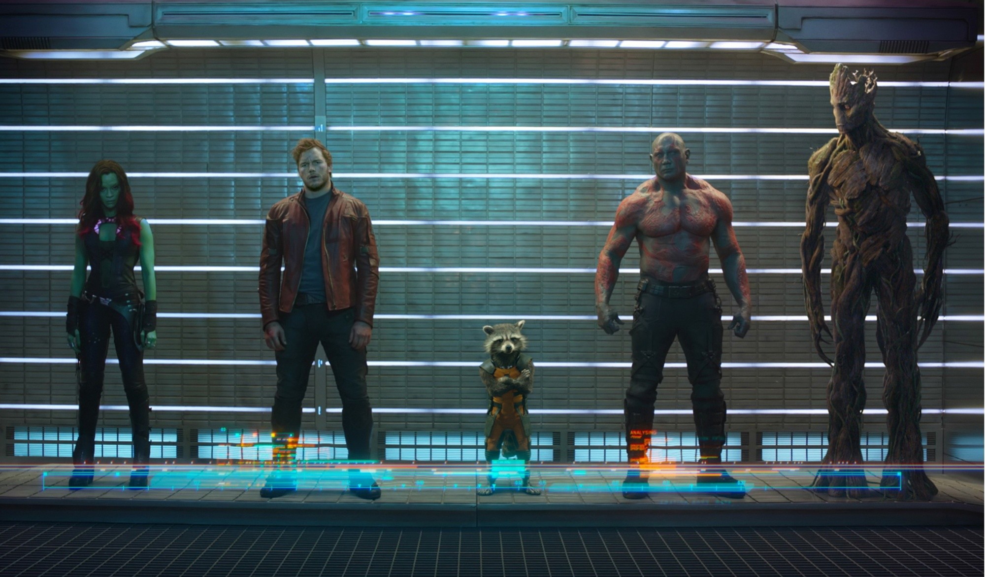 Zoe Saldana, Chris Pratt and Dave Bautista in Marvel Studios' Guardians of the Galaxy (2014)