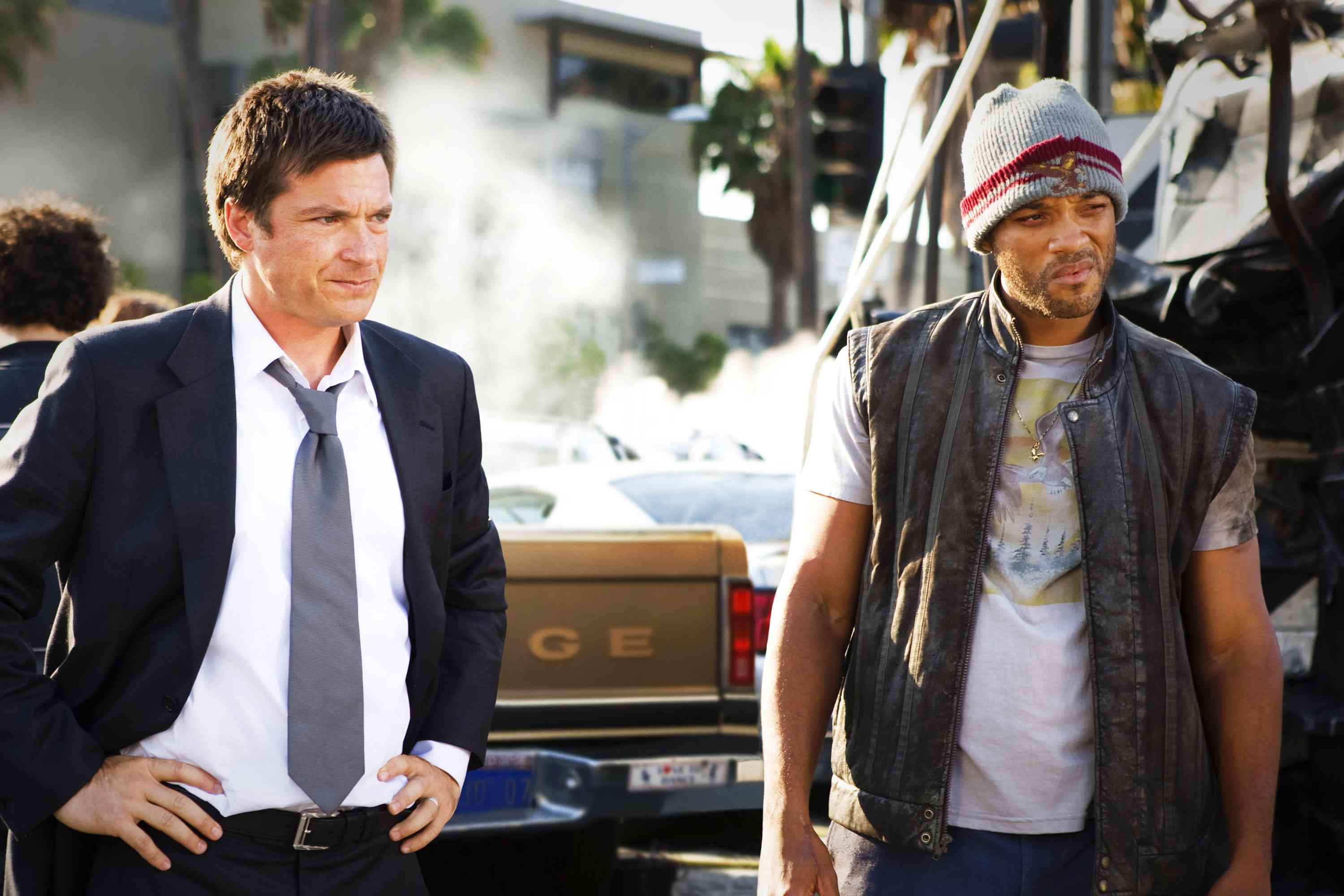 When disgruntled superhero Hancock (Will Smith, left) saves the life of PR exec Ray Embrey (Jason Bateman, right), Ray tries to clean up Hancock. Photo credit: Frank Masi SMPSP.