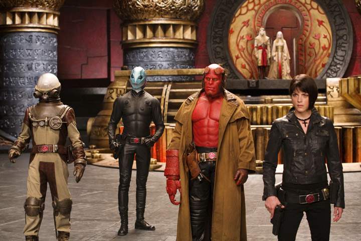 Doug Jones as Abe Sapien, Ron Perlman as Hellboy and Selma Blair as Liz in Universal Pictures' Hellboy II: The Golden Army (2008)