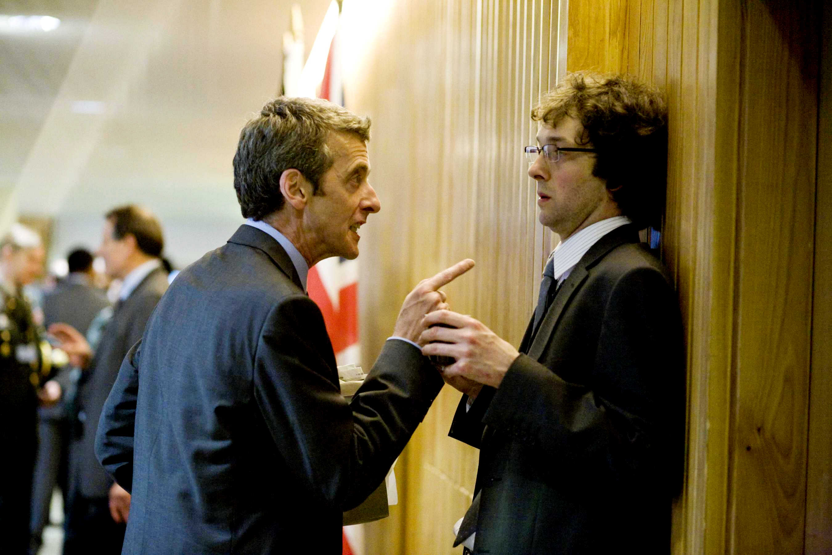 Peter Capaldi stars as Malcolm Tucker and Chris Addison stars as Toby Wright in IFC Films' In the Loop (2009). Photo credit by Nicola Dove.