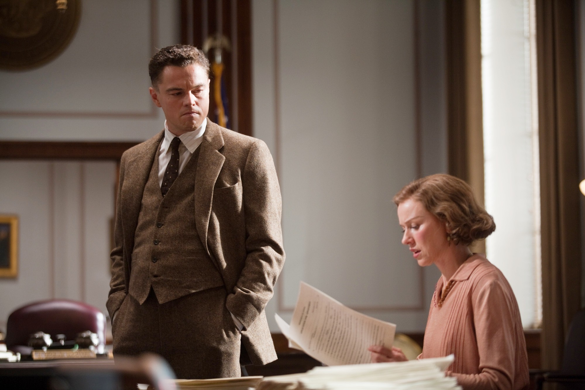 Leonardo DiCaprio stars as J. Edgar Hoover and Naomi Watts stars as Helen Gandy in Warner Bros. Pictures' J. Edgar (2011)