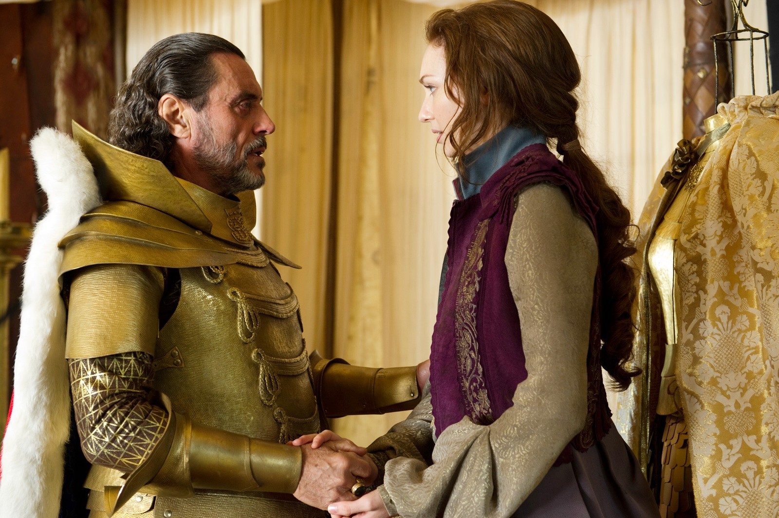 Ian McShane stars as King Brahmwell and Eleanor Tomlinson stars as Princess Isabelle in Warner Bros. Pictures' Jack the Giant Slayer (2013)