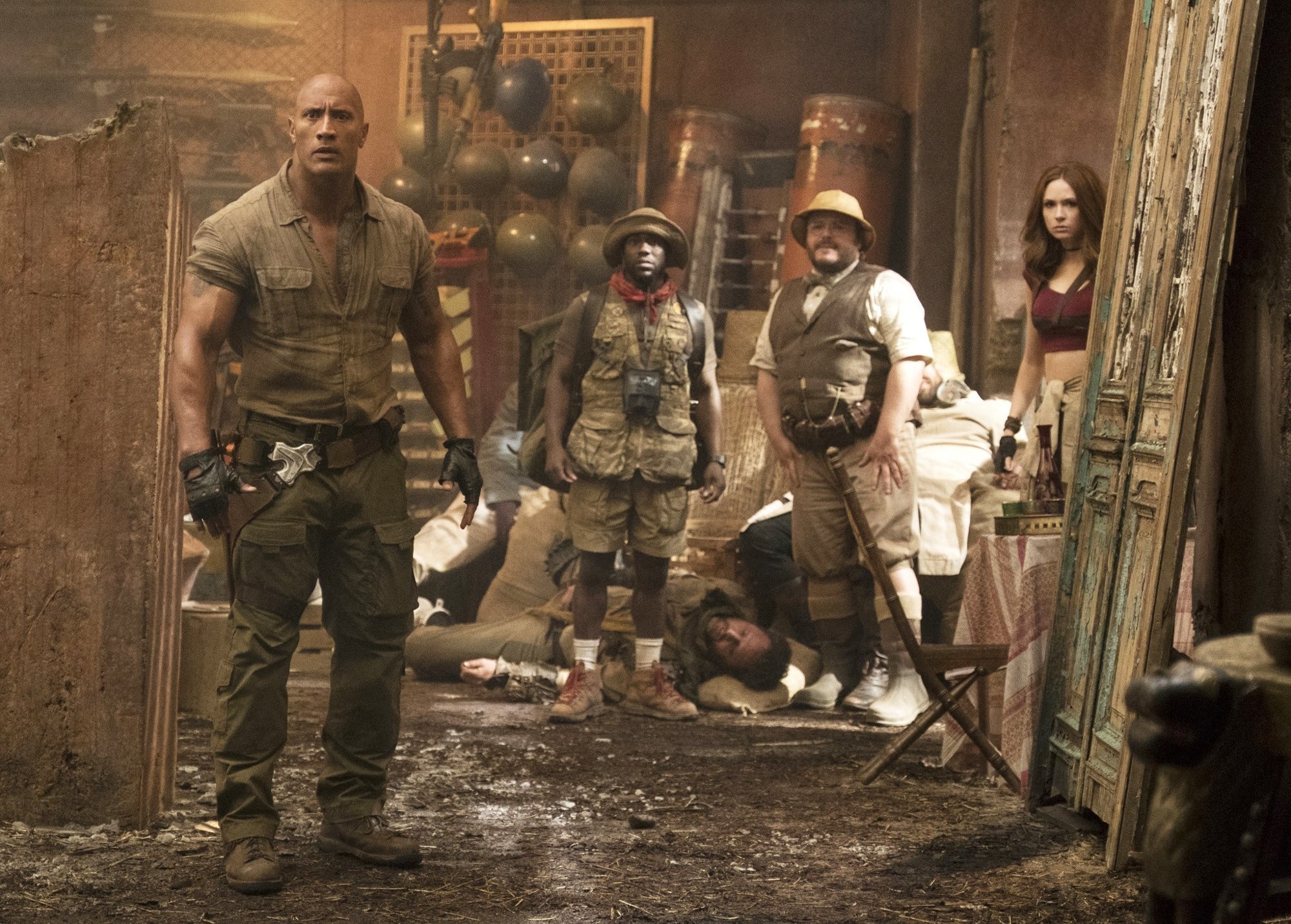 The Rock, Kevin Hart, Jack Black and Karen Gillan in Columbia Pictures' Jumanji: Welcome to the Jungle (2017)