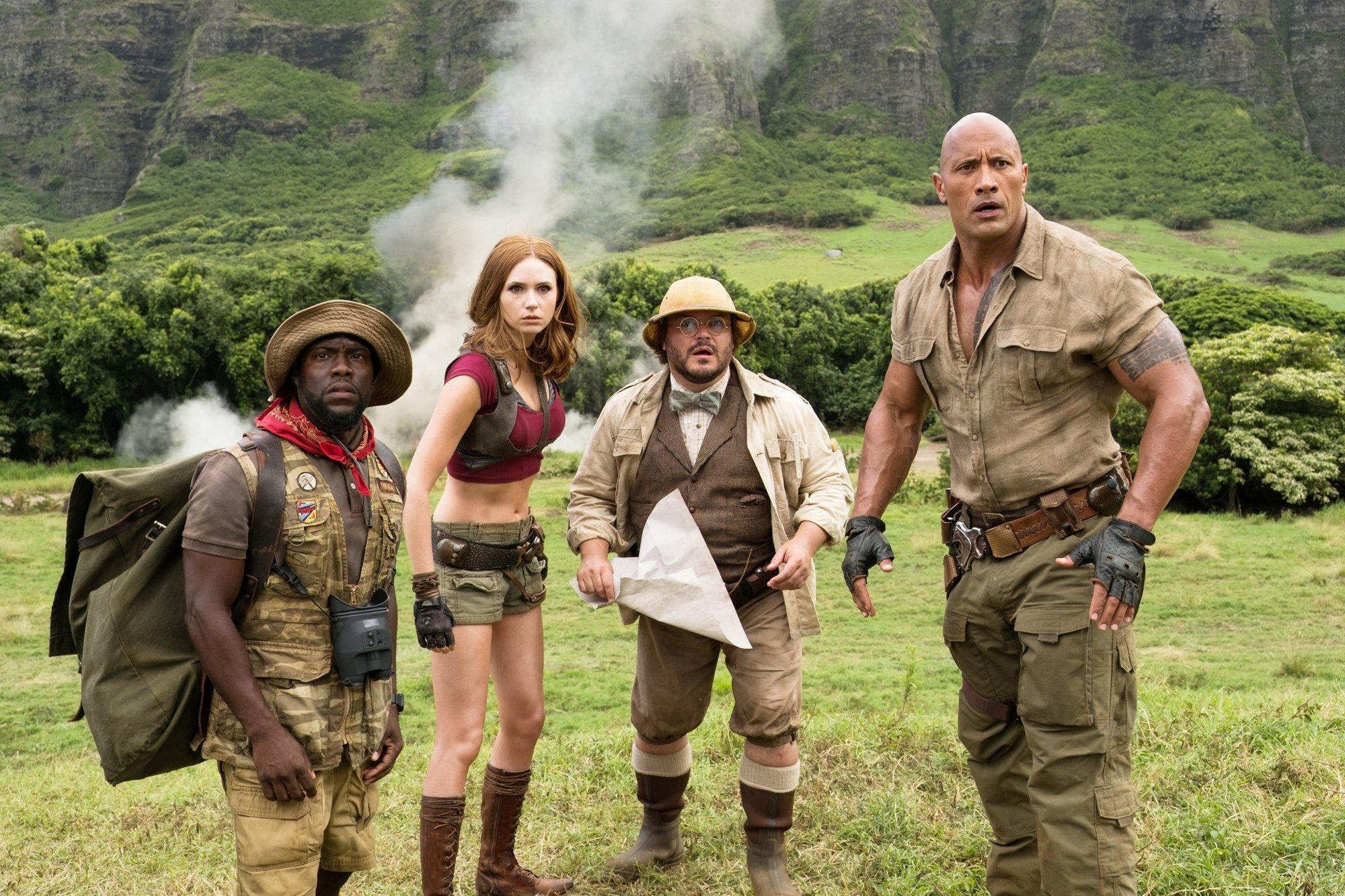 Kevin Hart, Karen Gillan, Jack Black and The Rock in Columbia Pictures' Jumanji: Welcome to the Jungle (2017)