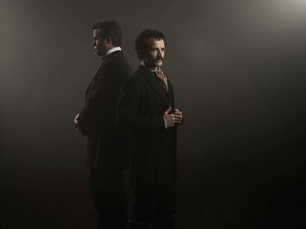 Billy Campbell stars as Abraham Lincoln and Jesse Johnson stars as John Wilkes Booth in National Geographic's Killing Lincoln (2013)