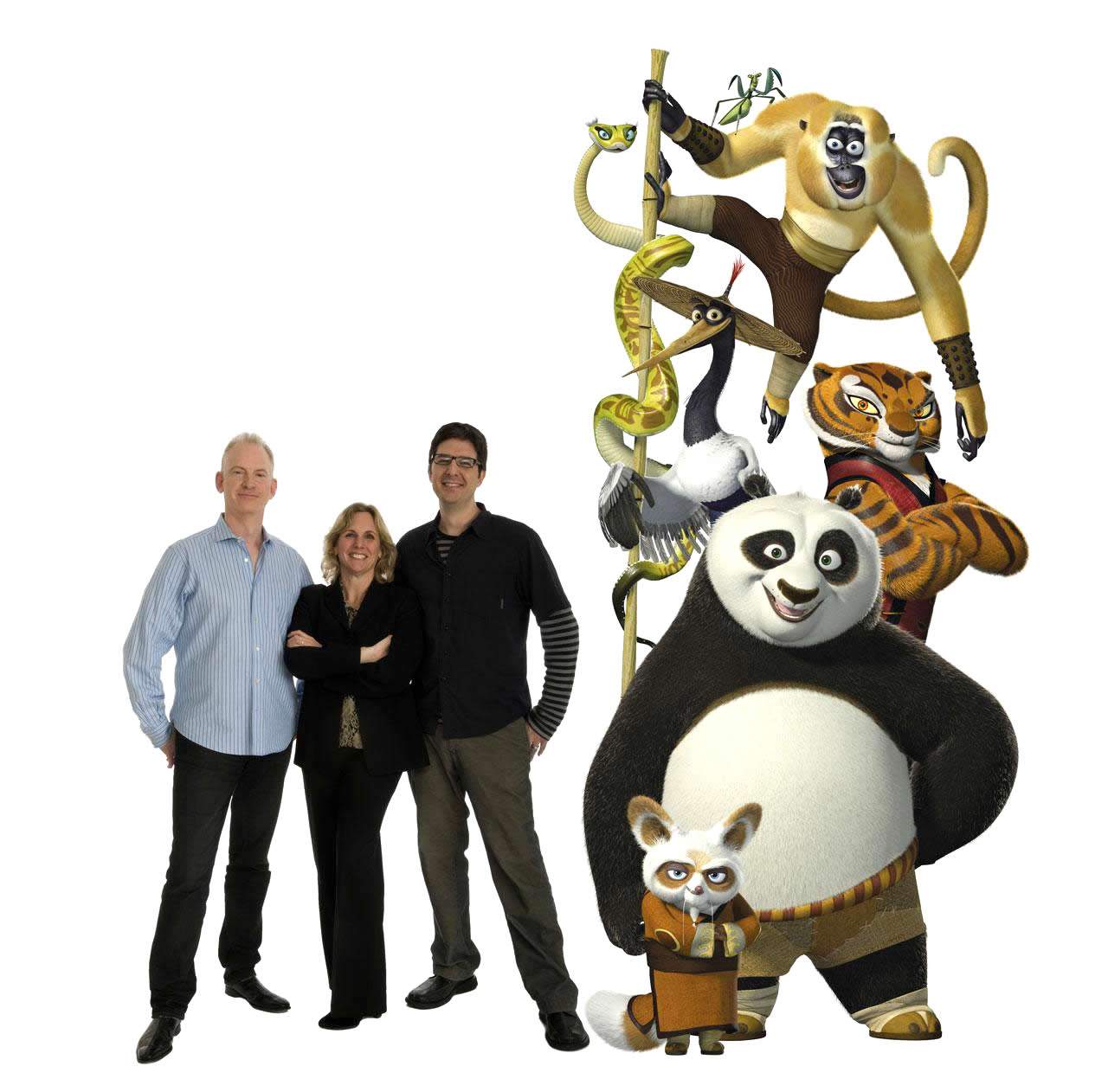 (L-R) Director JOHN STEVENSON, producer MELISSA COBB and director MARK OSBORNE, along with some of their animated cast of DreamWorks' Kung Fu Panda (2008). Photo by Patrick Ecclesine.