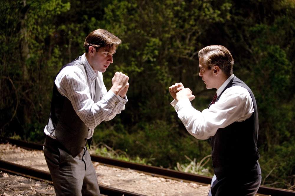 War hero Carter Rutherford (JOHN KRASINSKI) challenges Bulldogs team captain Dodge Connolly (GEORGE CLOONEY) in Universal Pictures' Leatherheads (2008