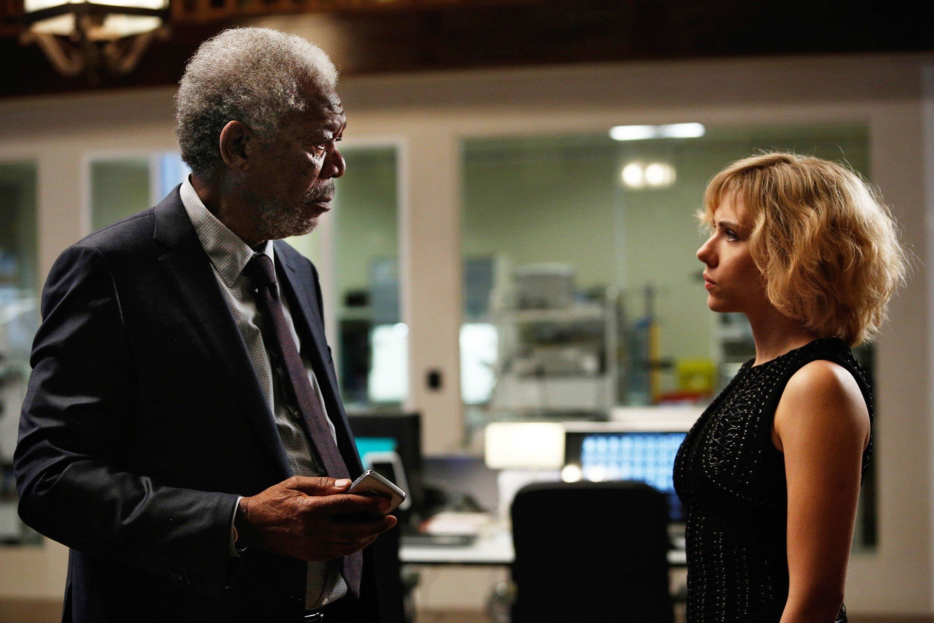 Morgan Freeman and Scarlett Johansson (Lucy) in Universal Pictures' Lucy (2014)