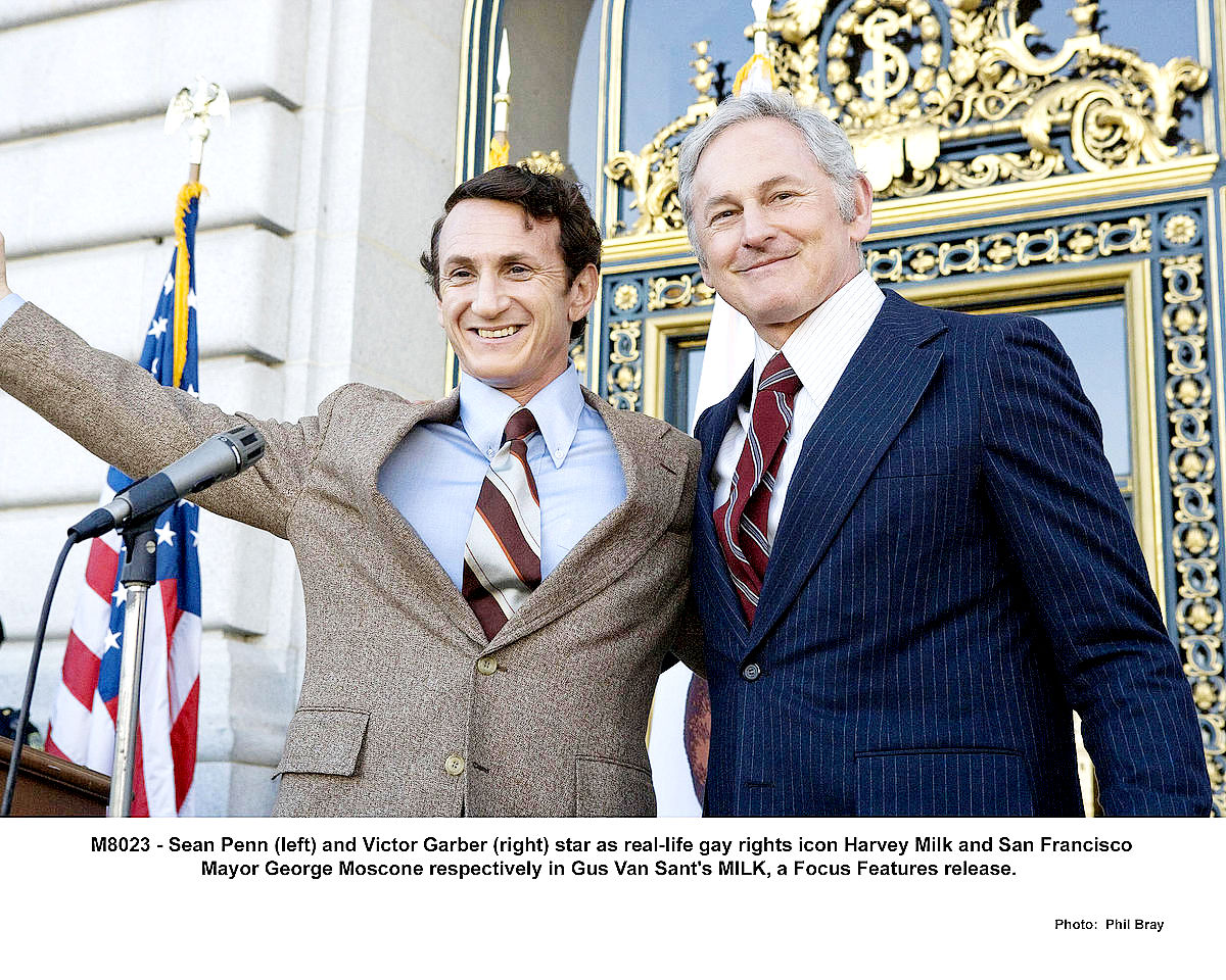 Sean Penn stars as Harvey Milk and Victor Garber stars as Mayor George Moscone in Focus Features' Milk (2008). Photo credit by Phil Bray.