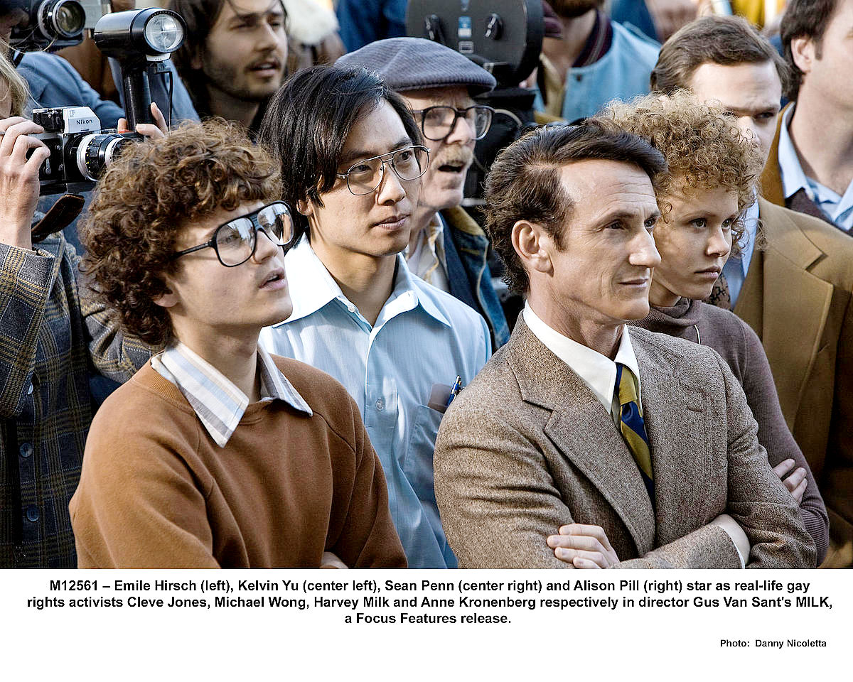 Emile Hirsch, Kelvin Yu, Sean Penn and Alison Pill in Focus Features' Milk (2008). Photo credit by Danny Nicoletta.