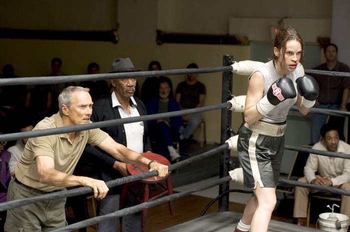 Clint Eastwood, Morgan Freeman and Hilary Swank in Warner Bros.' Million Dollar Baby (2004)