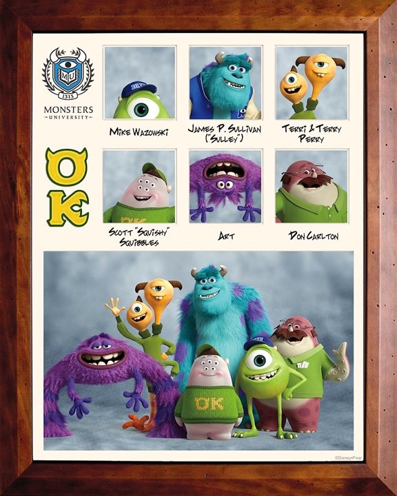 Mike Wazowski, James P. Sullivan, Terri & Terry Perry, Scott 'Squishy' Squibbles, Art and Don Carlton from Walt Disney Pictures' Monsters University (2013)