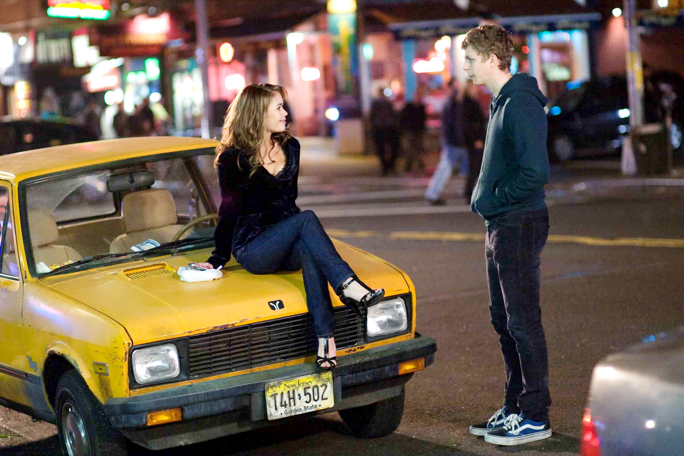 Alexis Dziena stars as Tris and Michael Cera stars as Nick in Sony Pictures' Nick and Norah's Infinite Playlist (2008). Photo credit by K.C. Bailey.