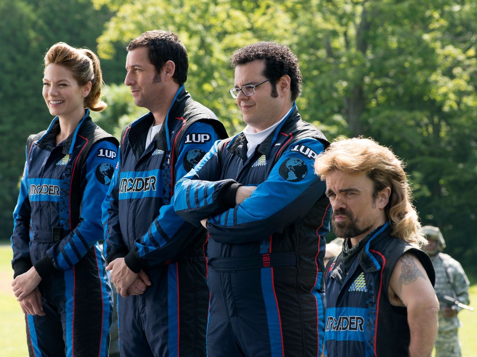 Michelle Monaghan, Adam Sandler, Josh Gad and Peter Dinklage in Columbia Pictures' Pixels (2015)