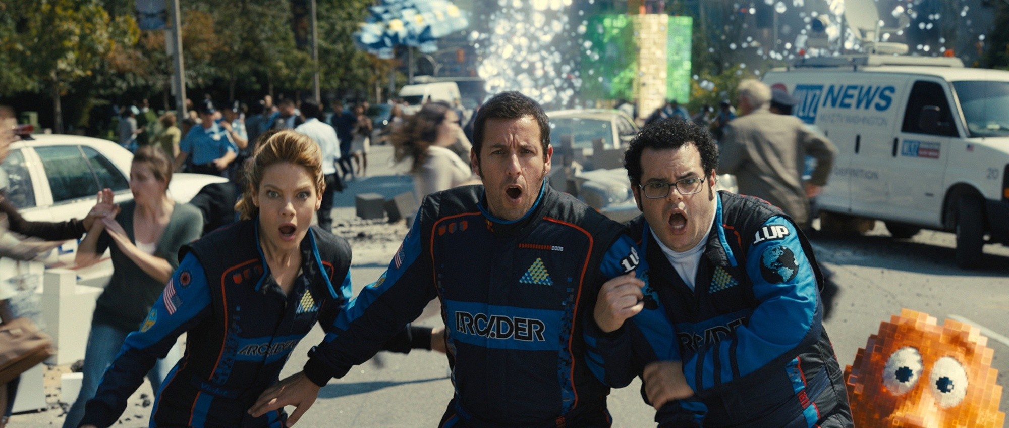 Michelle Monaghan, Adam Sandler and Josh Gad in Columbia Pictures' Pixels (2015)