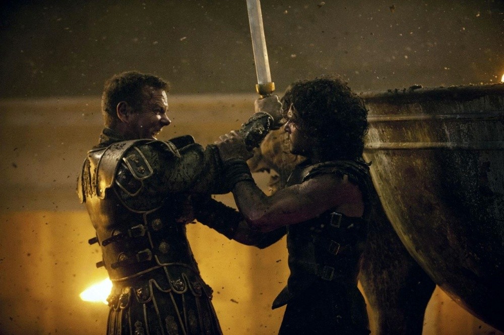 Kiefer Sutherland stars as Corvus and Kit Harington stars as Milo in TriStar Pictures' Pompeii (2014)