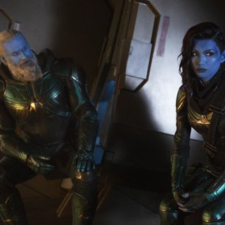 Rune Temte stars as Bron-Char and Gemma Chan stars as Minn-Erva in Marvel Studios' Captain Marvel (2019)