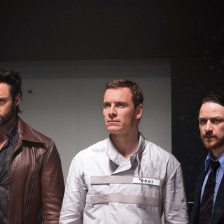 Hugh Jackman, Michael Fassbender and James McAvoy in 20th Century Fox's X-Men: Days of Future Past (2014). Photo credit by Alan Markfield.
