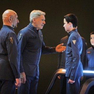 Ben Kingsley, Harrison Ford, Asa Butterfield and Aramis Knight in Summit Entertainment's Ender's Game (2013). Photo credit by Richard Foreman.