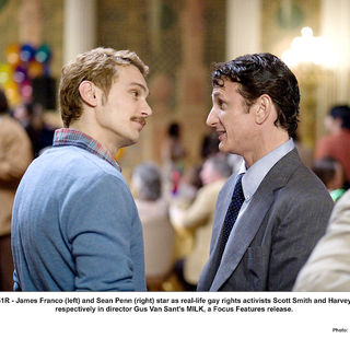 James Franco stars as Scott Smith and Sean Penn stars as Harvey Milk in Focus Features' Milk (2008). Photo credit by Phil Bray.
