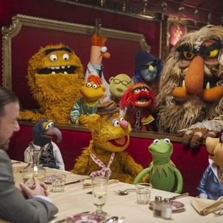 Ricky Gervais (stars as Dominic) and Kermit the Frog in Walt Disney Pictures' Muppets Most Wanted (2014)