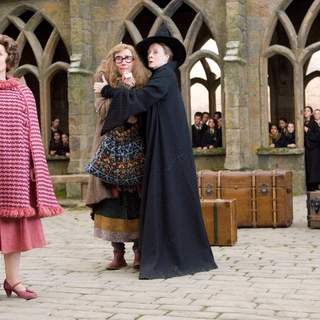 Imelda Staunton as Dolores Umbridge, Emma Thompson as Sybil Trelawney, Maggie Smith as Minerva McGonagal and David Bradley as Argus Filch.