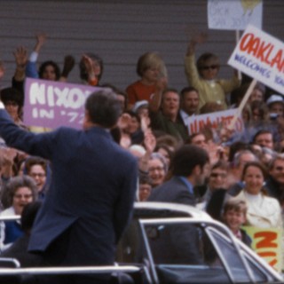 Cheering crowds greet President Nixon on the 1972 campaign trail in California