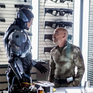 Joel Kinnaman stars as RoboCop and Jackie Earle Haley stars as Mattox in Columbia Pictures' RoboCop (2014). Photo credit by Kerry Hayes.