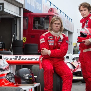 Chris Hemsworth stars as James Hunt and Daniel Bruhl stars as Niki Lauda in Universal Pictures' Rush (2013)