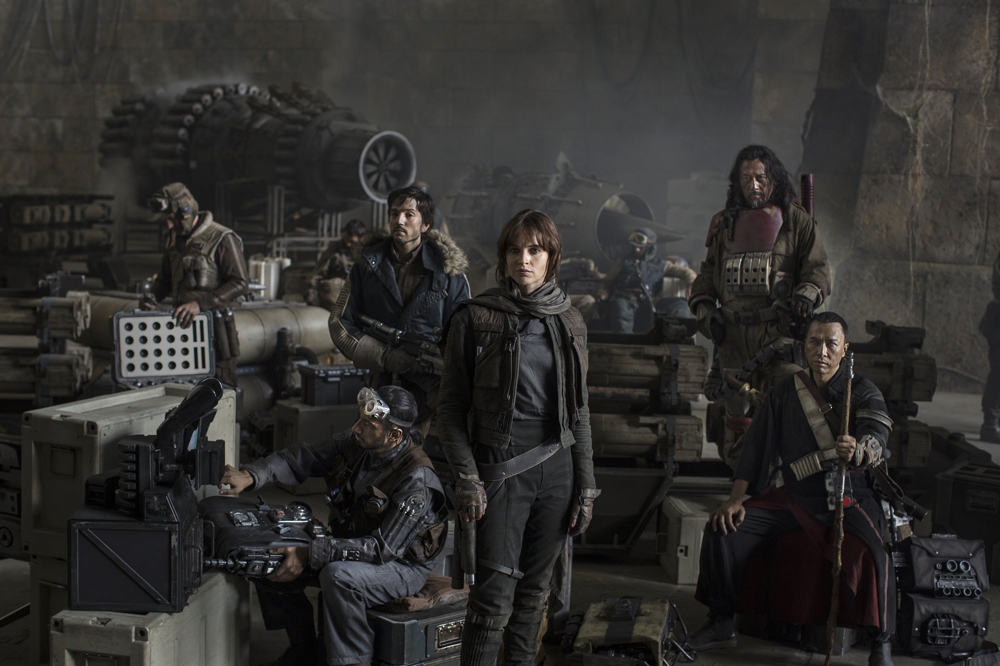 Diego Luna, Riz Ahmed, Felicity Jones, Wen Jiang and Donnie Yen in Walt Disney Pictures' Rogue One: A Star Wars Story (2016)