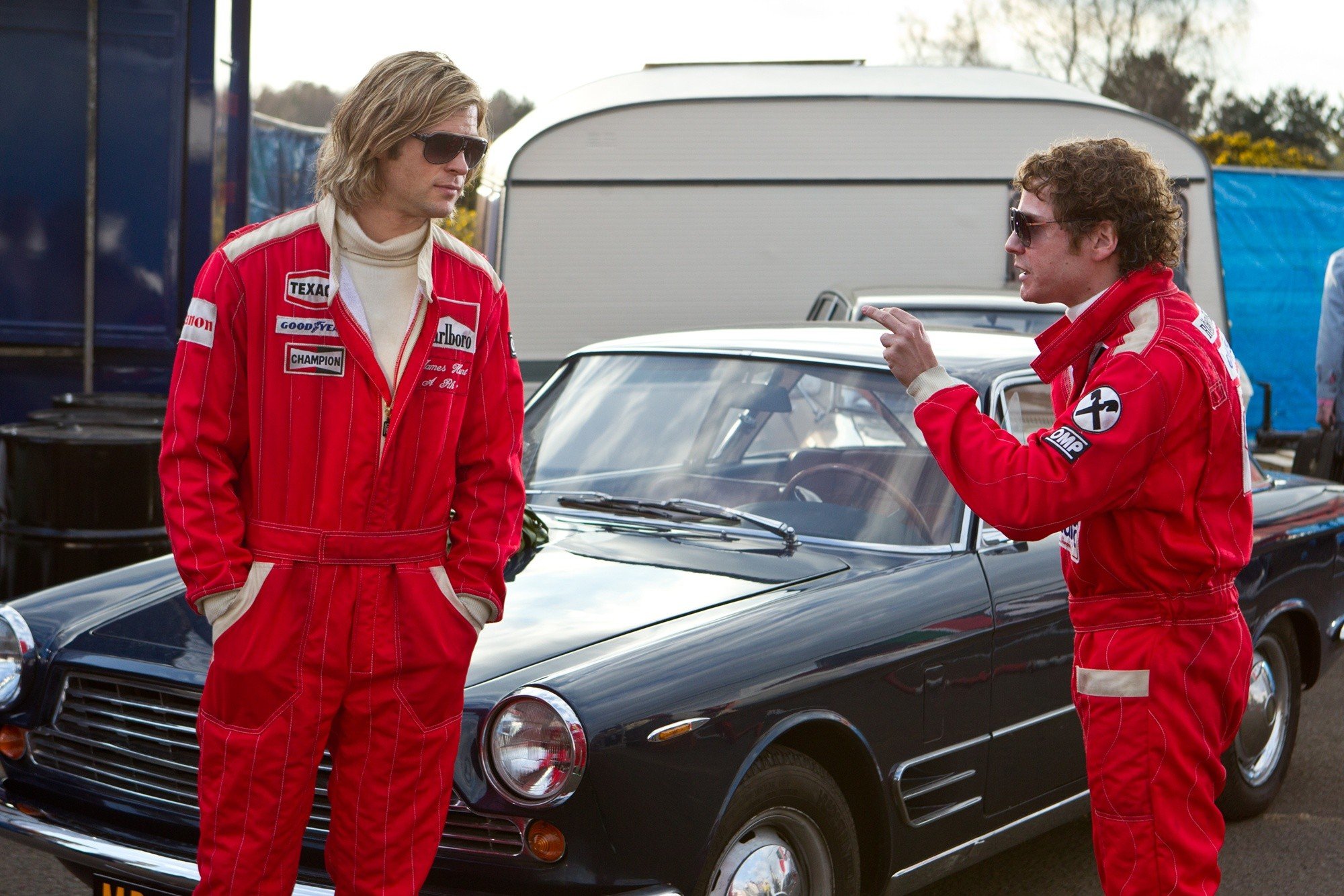 Chris Hemsworth stars as James Hunt and Daniel Bruhl stars as Niki Lauda in Universal Pictures' Rush (2013)