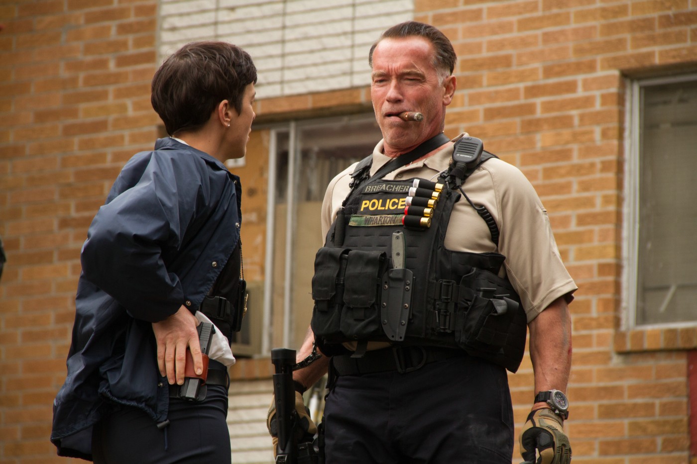 Olivia Williams stars as Investigator Caroline Brentwood and Arnold Schwarzenegger stars as John 'Breacher' Wharton in Open Road Films' Sabotage (2014)