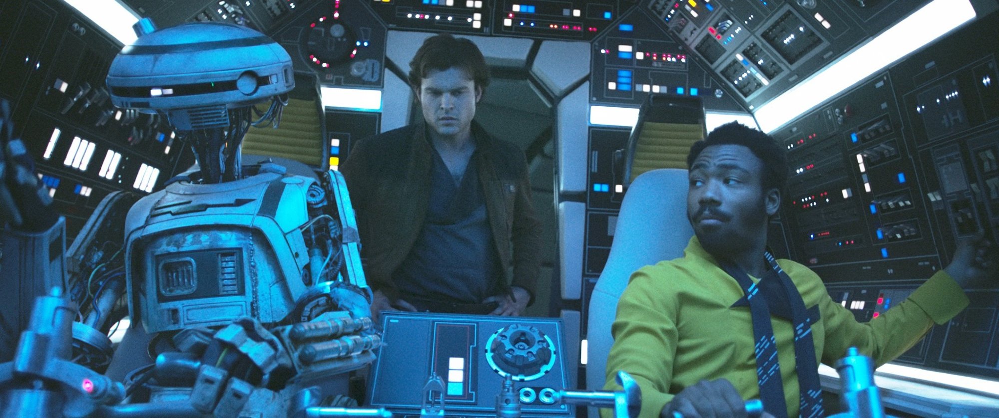 L3-37, Han Solo (Alden Ehrenreich) and Lando Calrissian (Donald Glover) from Walt Disney Pictures' Solo: A Star Wars Story (2018)