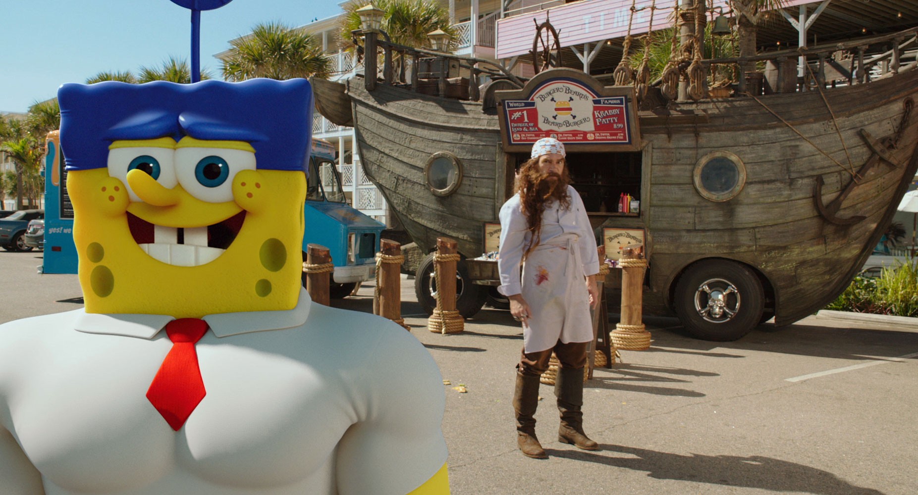 SpongeBob SquarePants and Antonio Banderas (stars as Burger Beard) in Paramount Pictures' The SpongeBob Movie: Sponge Out of Water (2015)