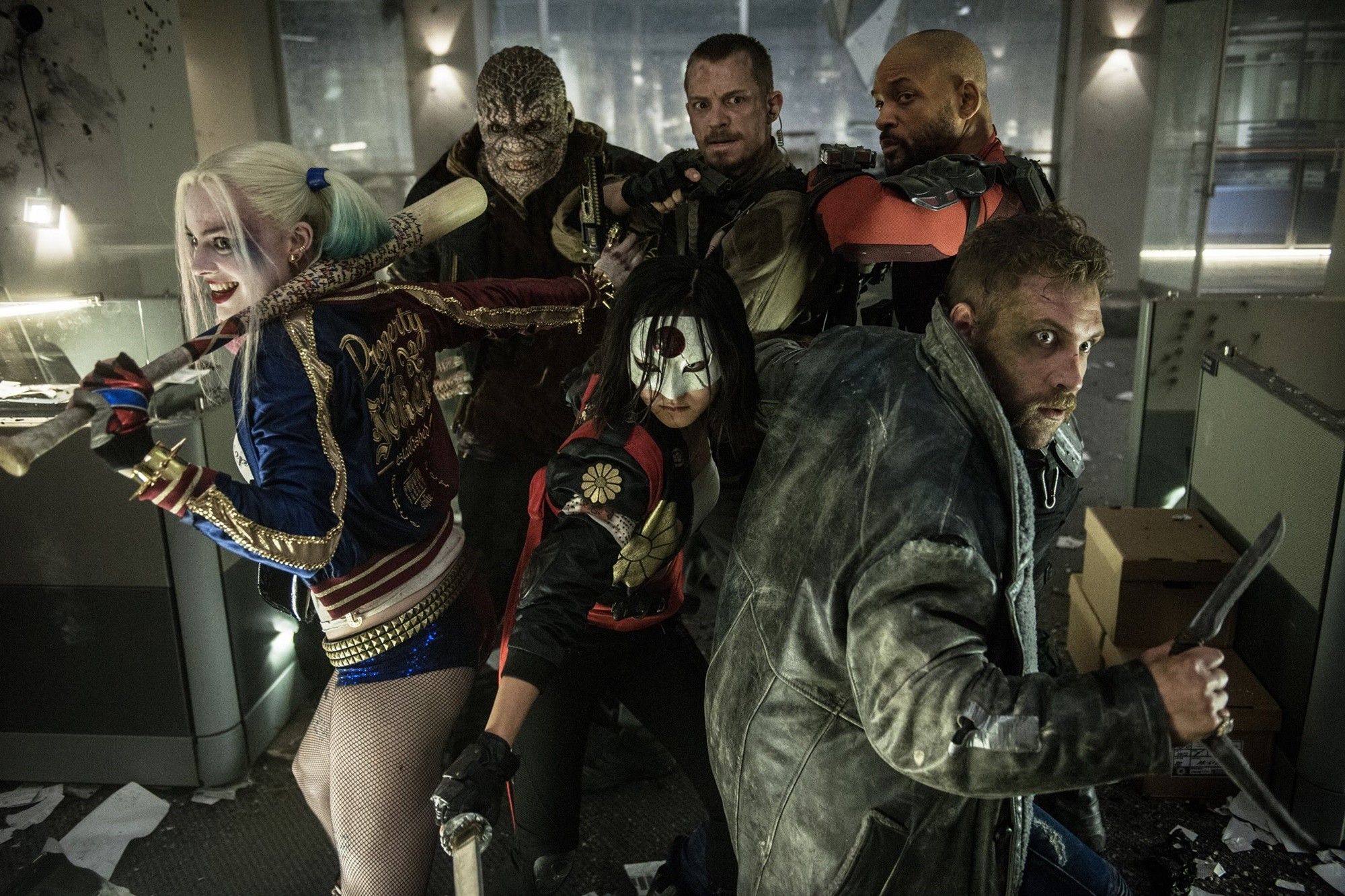 Adewale Akinnuoye-Agbaje, Joel Kinnaman, Will Smith, Margot Robbie, Karen Fukuhara and Jai Courtney in Warner Bros. Pictures' Suicide Squad (2016)