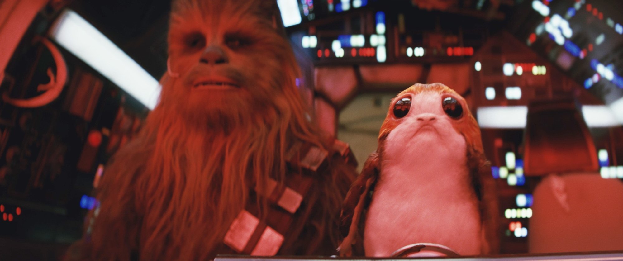 Chewbacca and Porg from Walt Disney Pictures' Star Wars: The Last Jedi (2017)
